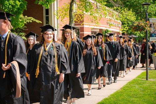 Graduating students walking by Funderberg library